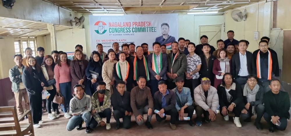 Er Meshenlo Kath, Congress candidate from 9th Kohima Town AC with others at Congress Bhavan, Kohima on February 14.
